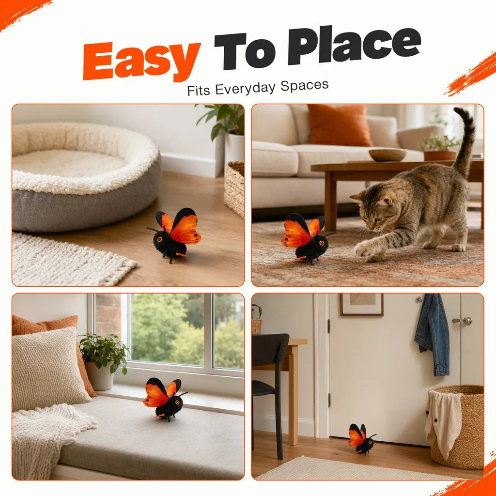 Flapping butterfly cat toy placed beside a cat bed, on a rug, on a bed and in a hallway, captioned easy to place and fits everyday spaces.