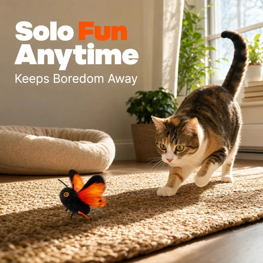 Tabby cat stalking the flapping butterfly cat toy on a rug beside a cat bed, captioned solo fun anytime keeps boredom away.