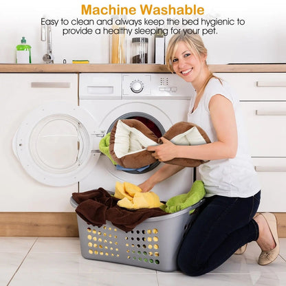 Woman loading the brown fleece dog bed into a front-loading washing machine, headed Machine Washable.