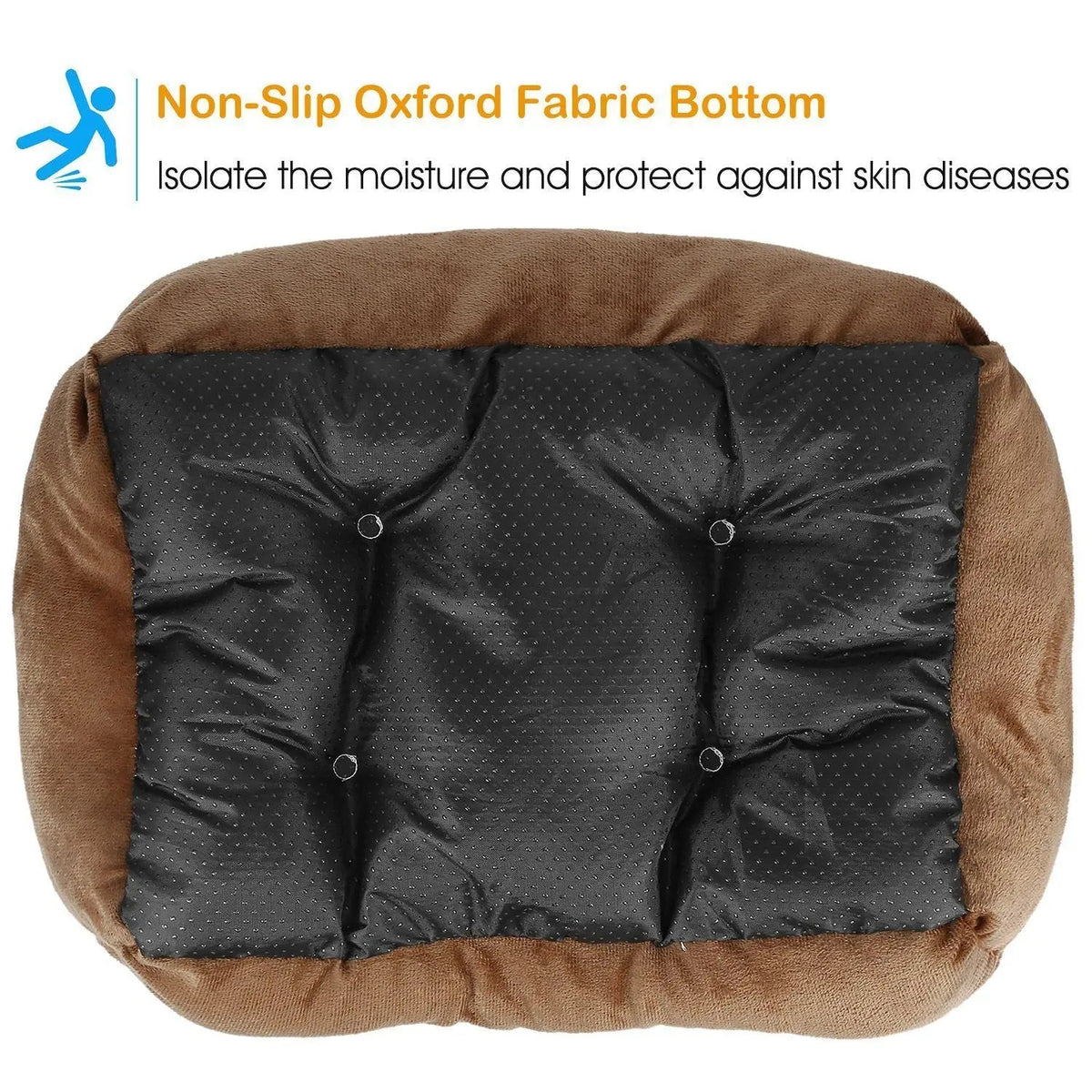 Underside of the brown bed showing the black quilted non-slip Oxford fabric bottom.
