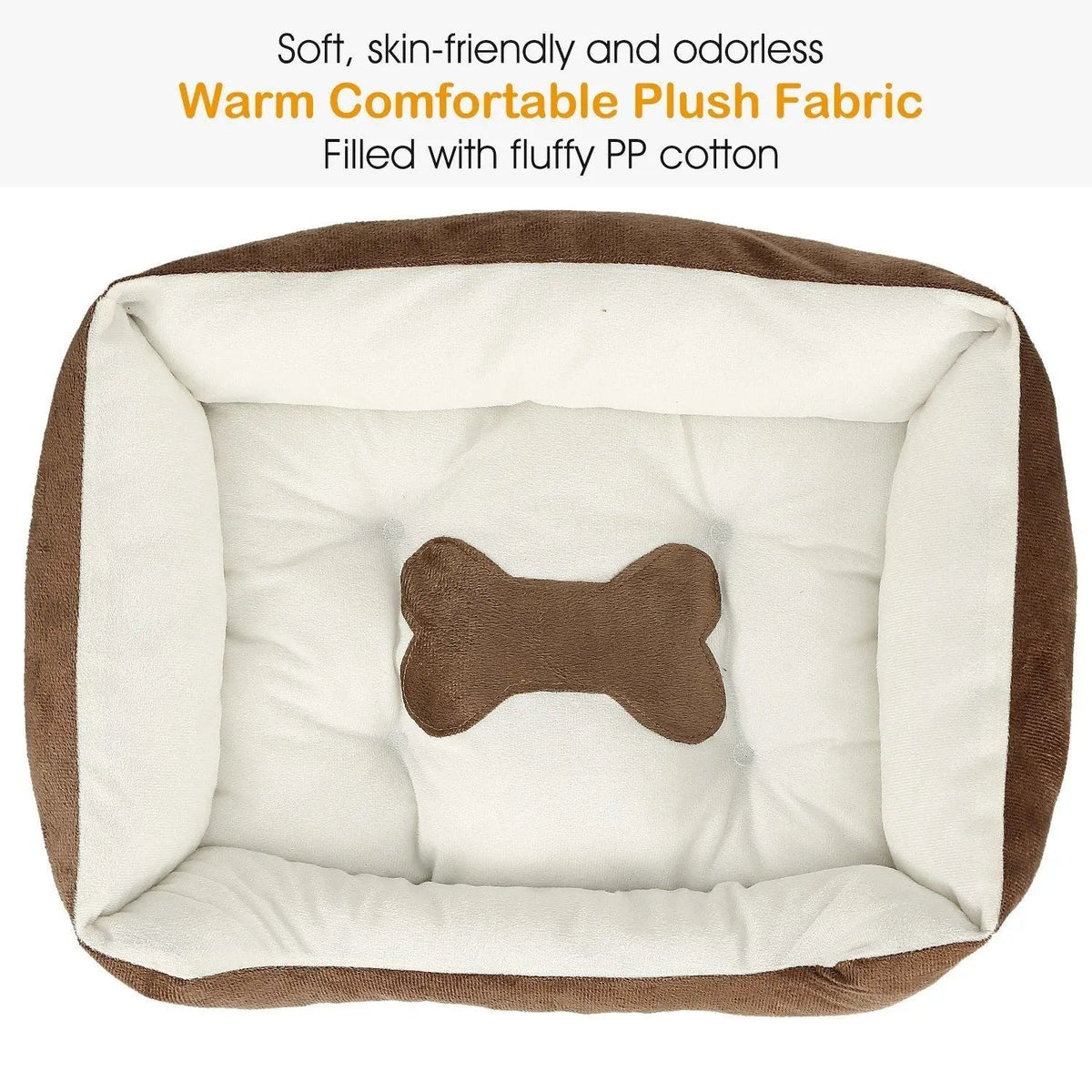 Brown bolster dog bed labeled soft, skin-friendly and odorless warm plush fabric filled with fluffy PP cotton.