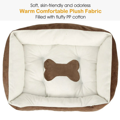 Brown bolster dog bed labeled soft, skin-friendly and odorless warm plush fabric filled with fluffy PP cotton.