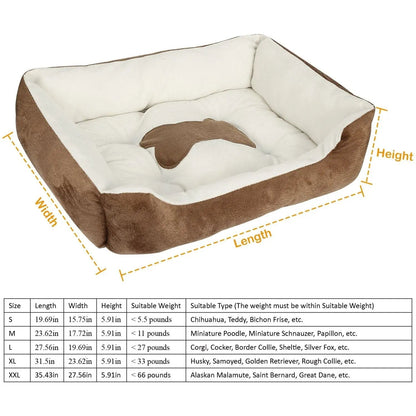 Size chart table listing length, width, height and suitable weight for each size of the brown bolster dog bed.