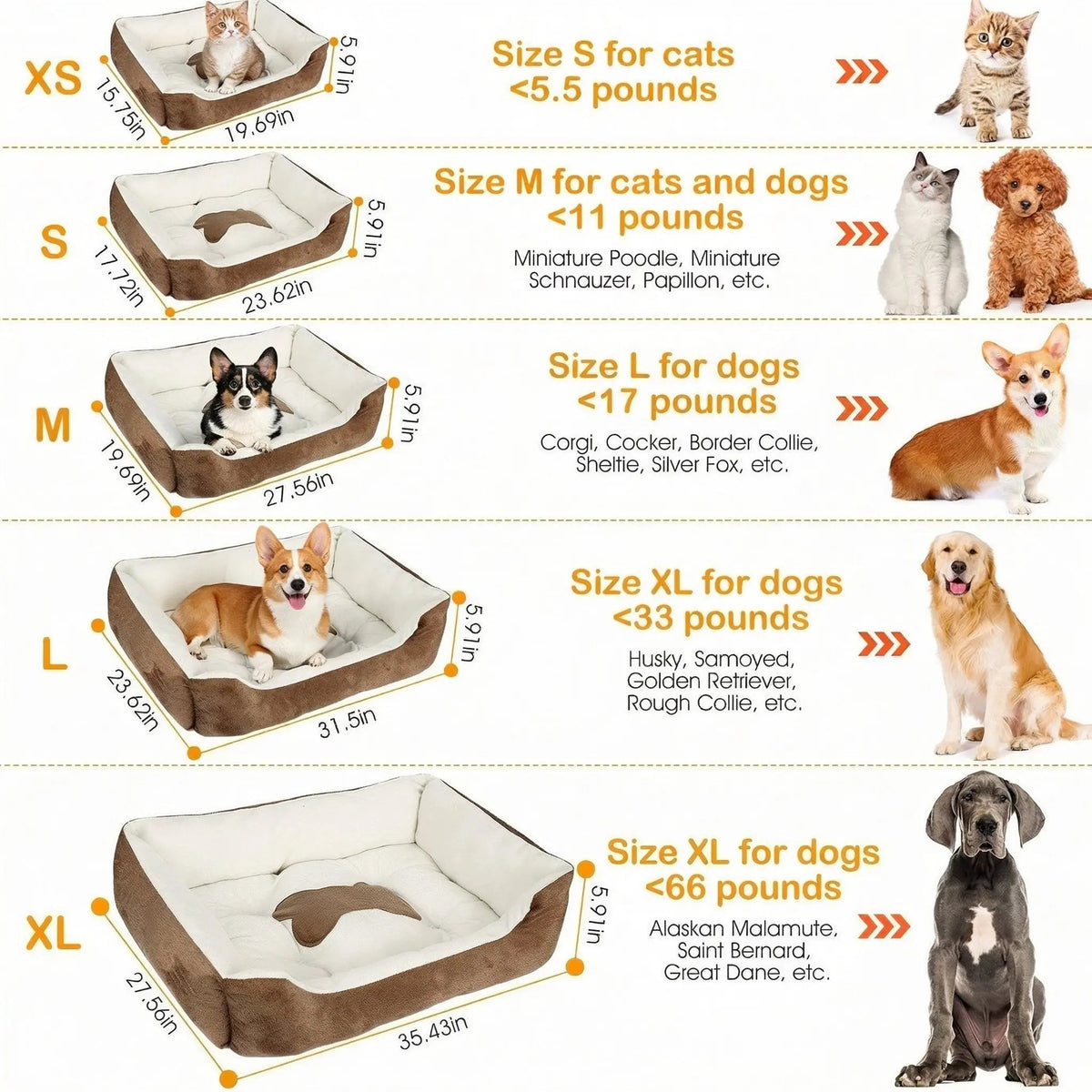 Size guide showing the bed in five sizes with dimensions, weight limits and example breeds from cats up to Great Danes.