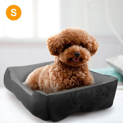 Toy poodle sitting in the size S black fleece bolster dog bed.