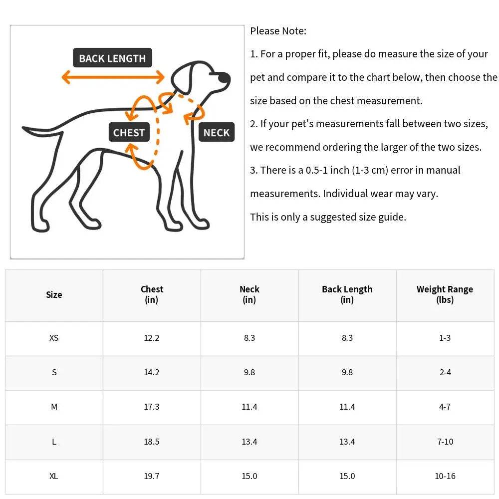 Size chart for the Noblias fleece dog hoodie listing chest, neck, back length and weight range for sizes XS through XL.