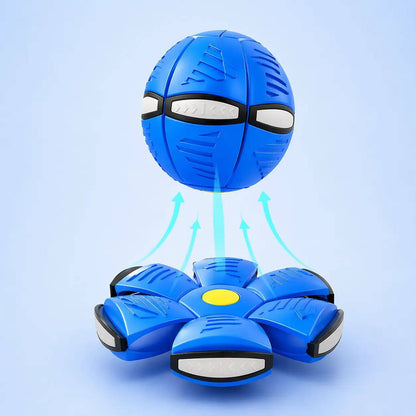 Blue flying saucer ball dog toy shown as a ball above its flattened disc form.