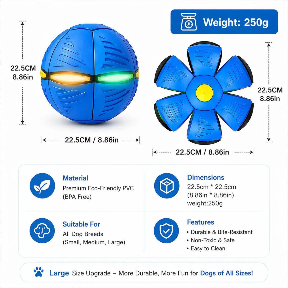 Dimension panel for the flying saucer ball dog toy showing 22.5 cm diameter, 250 g weight and BPA-free PVC material.