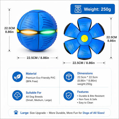 Dimension panel for the flying saucer ball dog toy showing 22.5 cm diameter, 250 g weight and BPA-free PVC material.
