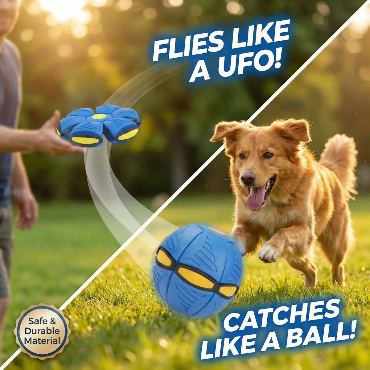 Blue flying saucer ball dog toy thrown as a disc and caught as a ball by a golden retriever, captioned flies like a UFO.
