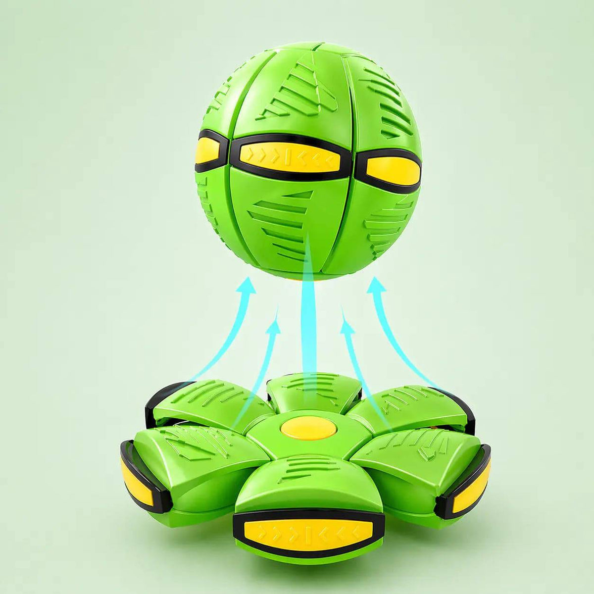 Green flying saucer ball dog toy shown as a ball above its flattened disc form.