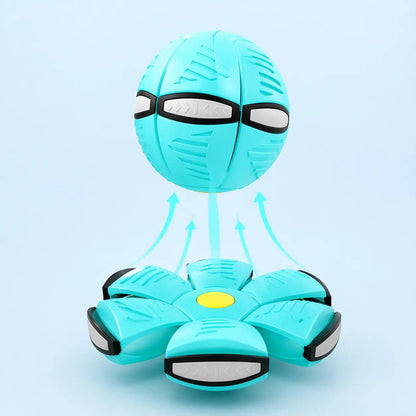 Macaron blue flying saucer ball dog toy shown as a ball above its flattened disc form.