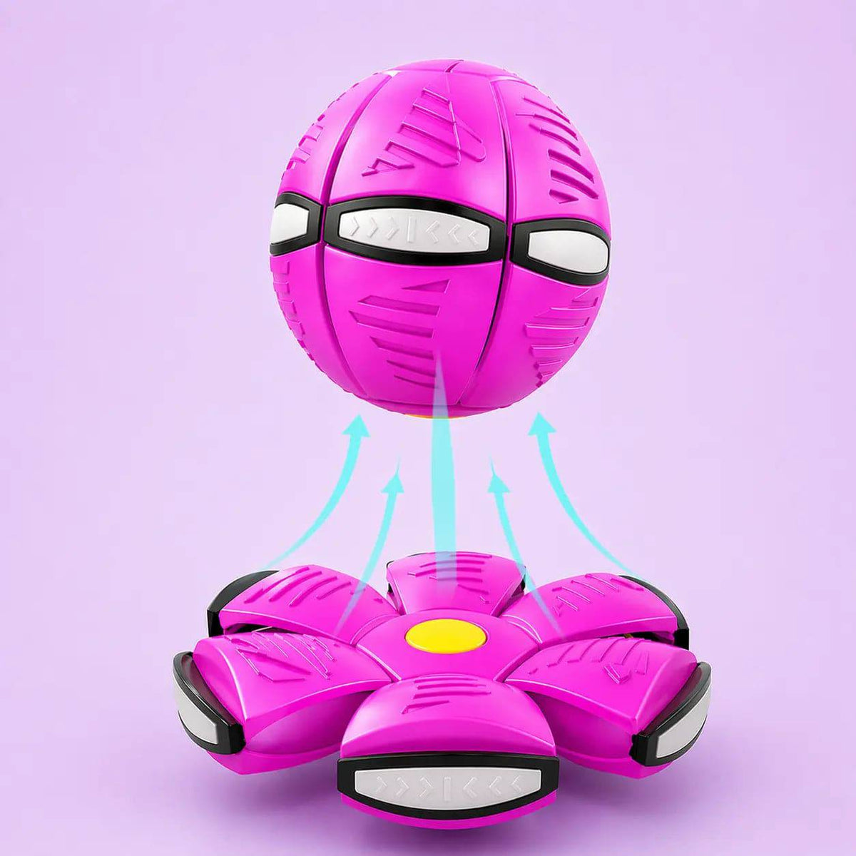 Pink flying saucer ball dog toy shown as a ball above its flattened disc form.