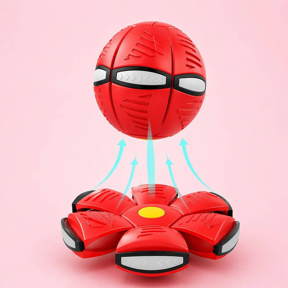 Red flying saucer ball dog toy shown as a ball above its flattened disc form.