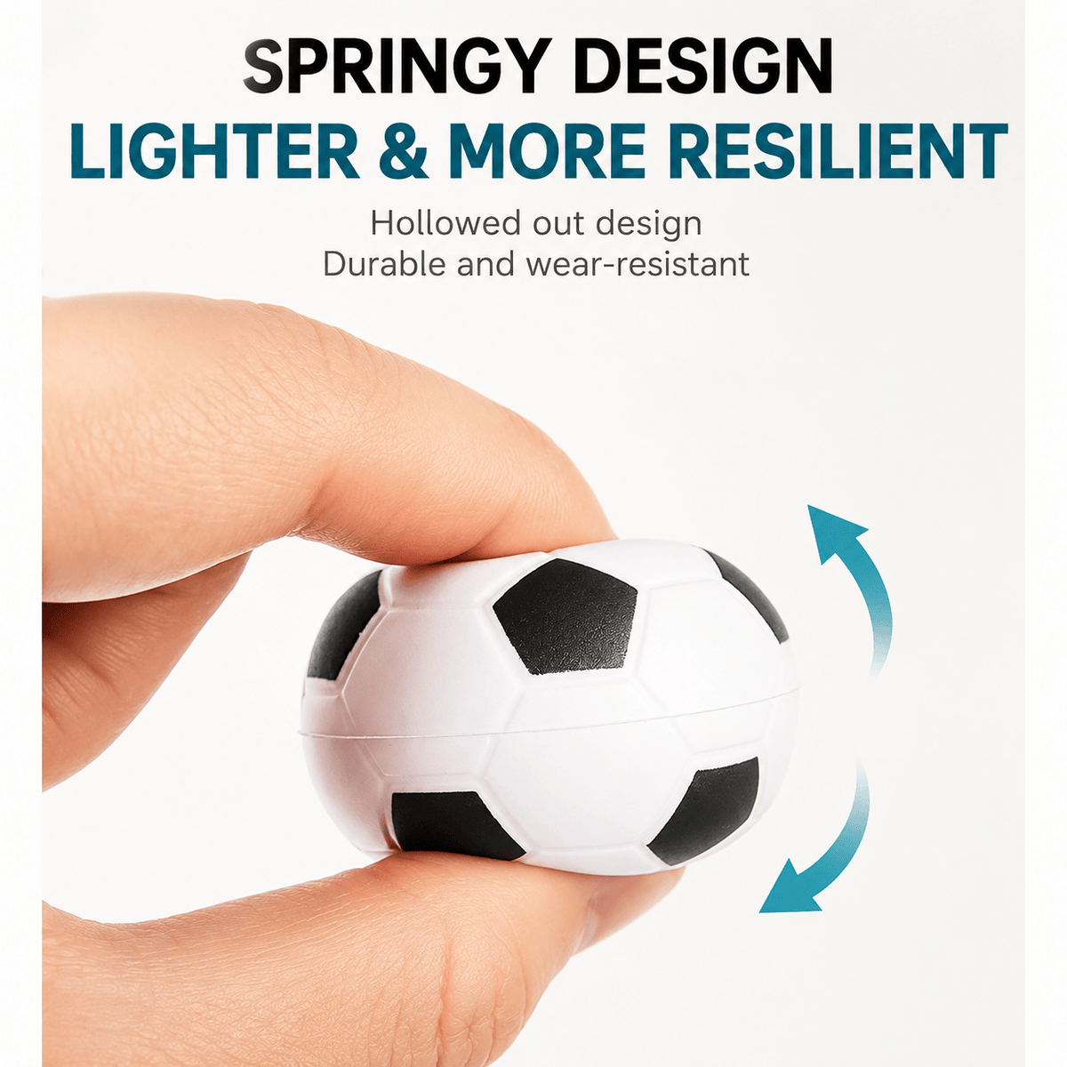 Fingers squeezing the soccer ball cat toy to show the hollowed out springy design that is lighter and more resilient.