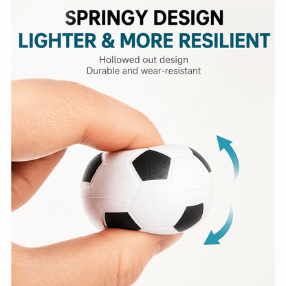 Fingers squeezing the soccer ball cat toy to show the hollowed out springy design that is lighter and more resilient.