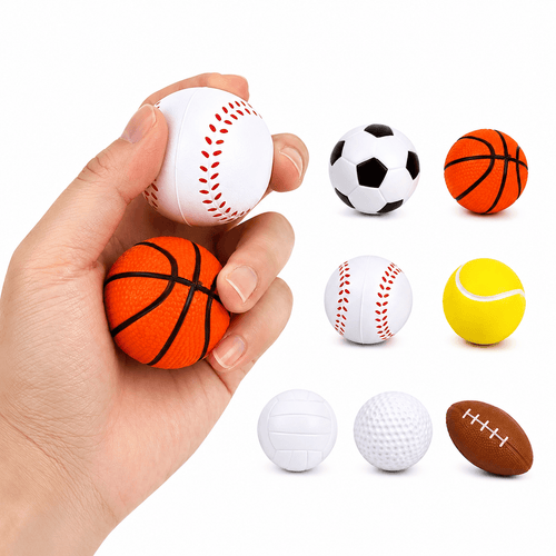 Hand holding the baseball and basketball foam cat toy balls, with the soccer, tennis, volleyball, golf and American football designs shown alongside.