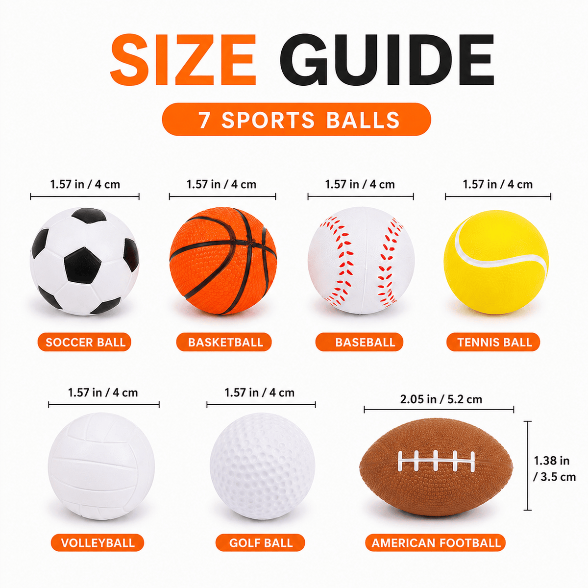 Size guide for the seven foam cat toy ball designs, giving the diameter of each round ball and the length and height of the American football.