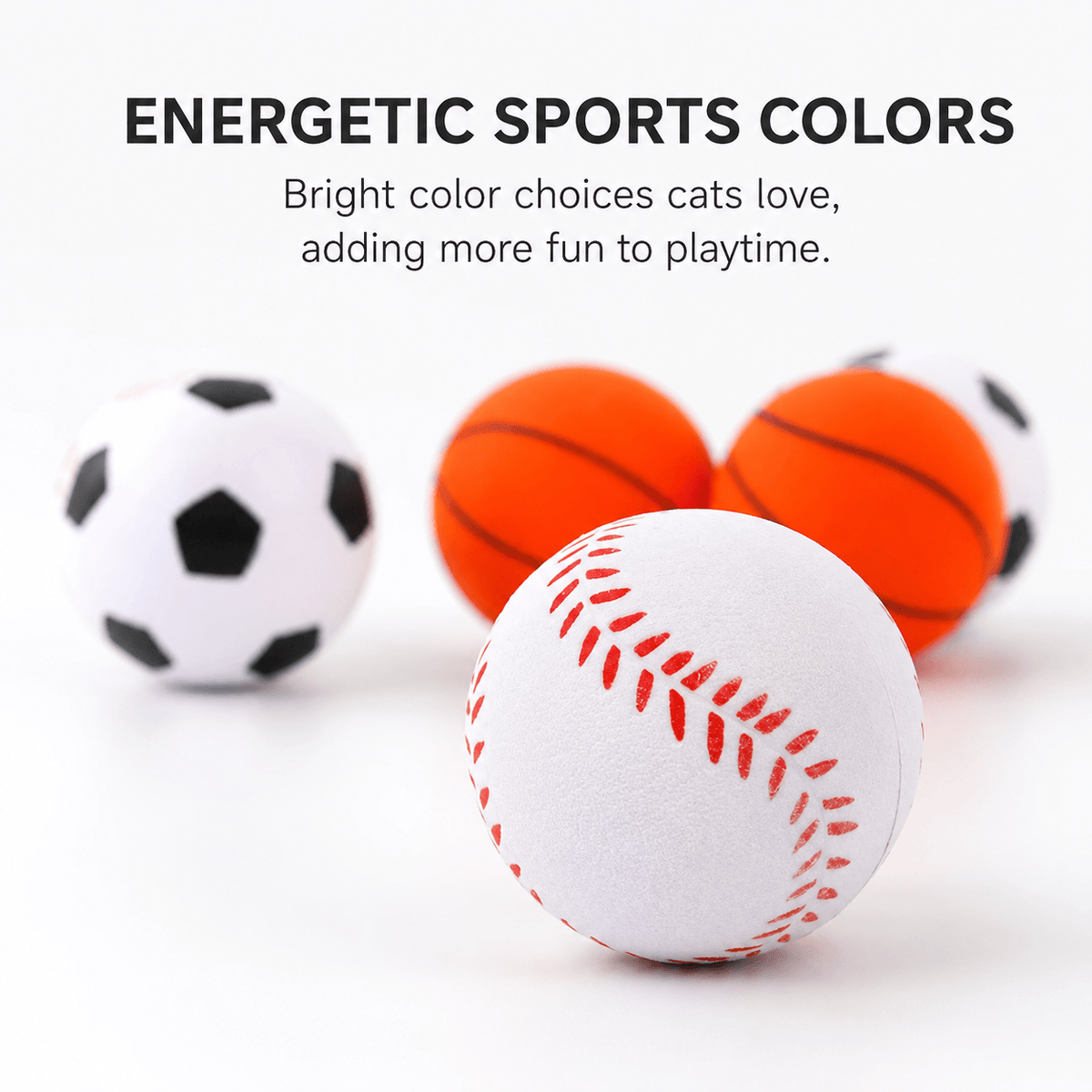 Close up of the baseball, soccer and basketball foam cat toy balls, labeled energetic sports colors that cats love.