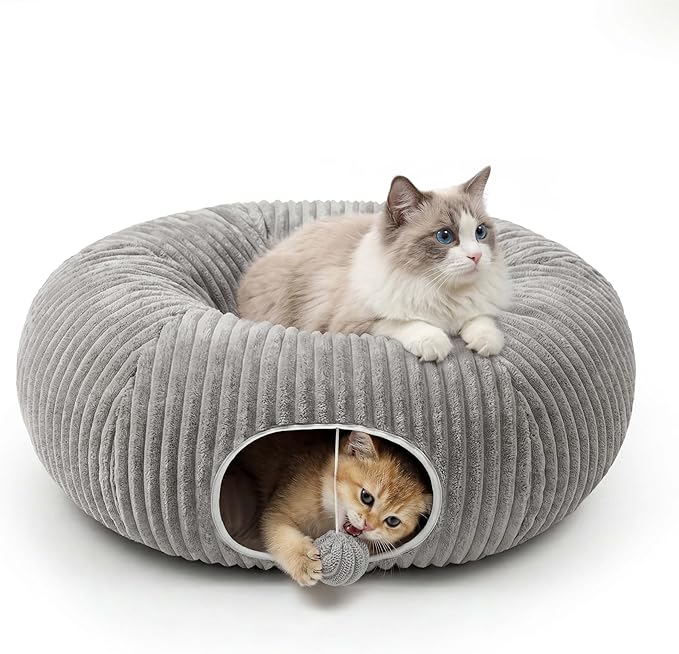Gray cat tunnel bed in donut shape with a Ragdoll cat lying on the round cushion in the middle