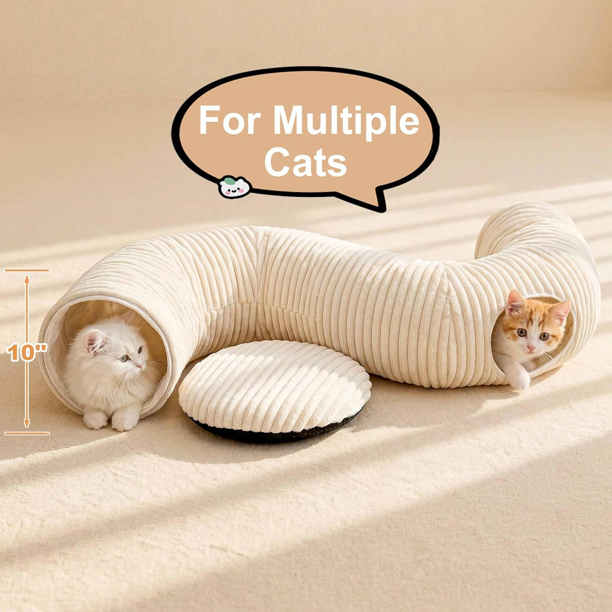 For multiple cats infographic showing the S shaped tunnel bed with a kitten at each entrance and a 10 inch tunnel diameter callout