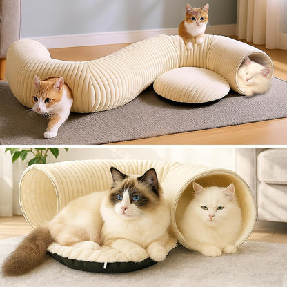 The cat tunnel bed shown in an open S shape with cats at both ends and in donut shape with two cats resting inside