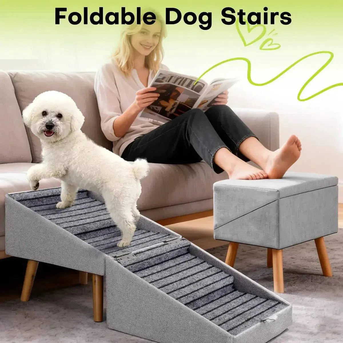 Noblias foldable ottoman dog ramp unfolded against a sofa with a white Bichon at the top, and the matching linen stool beside it