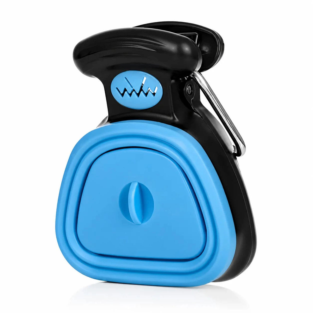 Blue foldable pooper scooper with a collapsible silicone body and a carabiner clip.