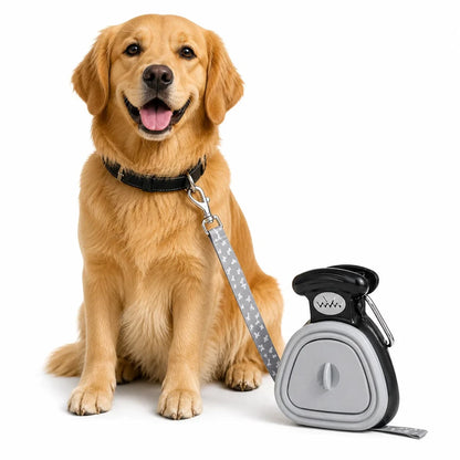 Golden retriever sitting beside the gray foldable pooper scooper hanging from its leash.