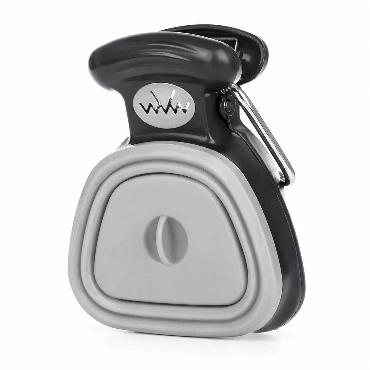 Gray foldable pooper scooper with a collapsible silicone body and a carabiner clip.