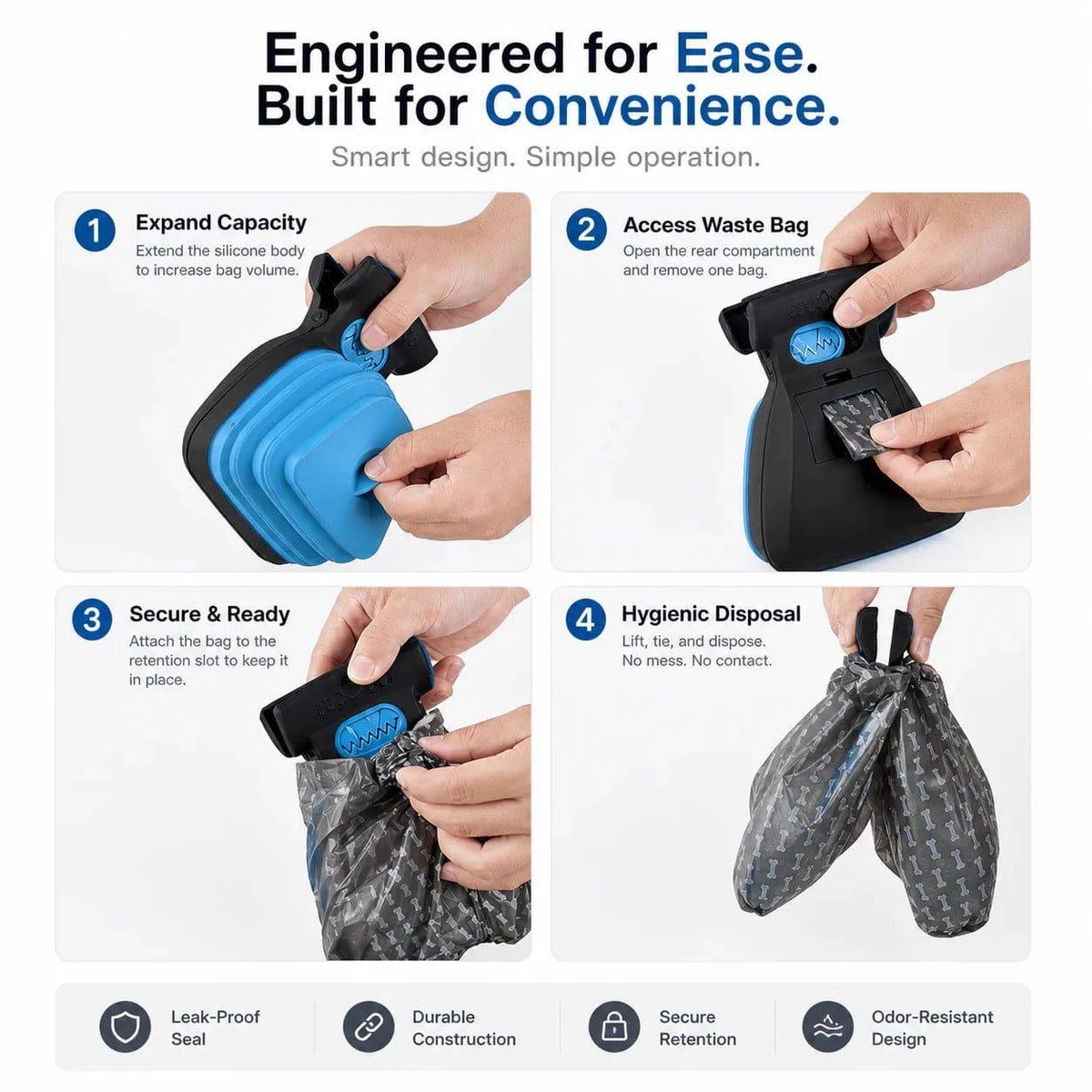 Four-step panel for the foldable pooper scooper: expand the silicone body, load a bag, secure it and dispose.