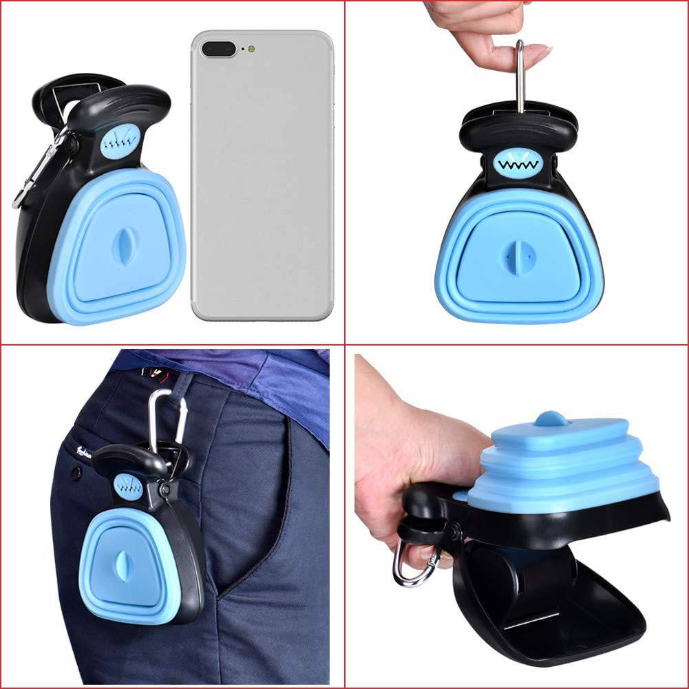 Four-panel view of the blue foldable pooper scooper next to a phone, opening the rear lid, clipped to a belt and held open.