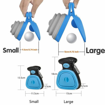 Small and large foldable pooper scooper side by side with jaw opening and body dimensions in cm and inches.