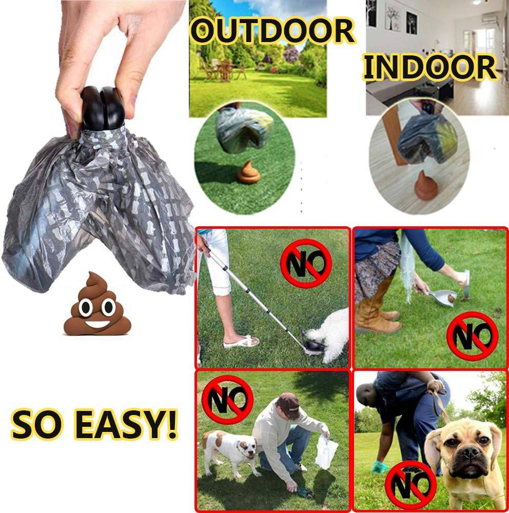 Collage showing the foldable pooper scooper used outdoors and indoors, with crossed-out bending and bare-hand pickups.