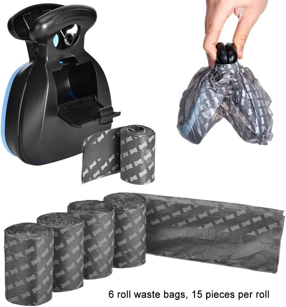 Black foldable pooper scooper with six rolls of waste bags, fifteen bags per roll.
