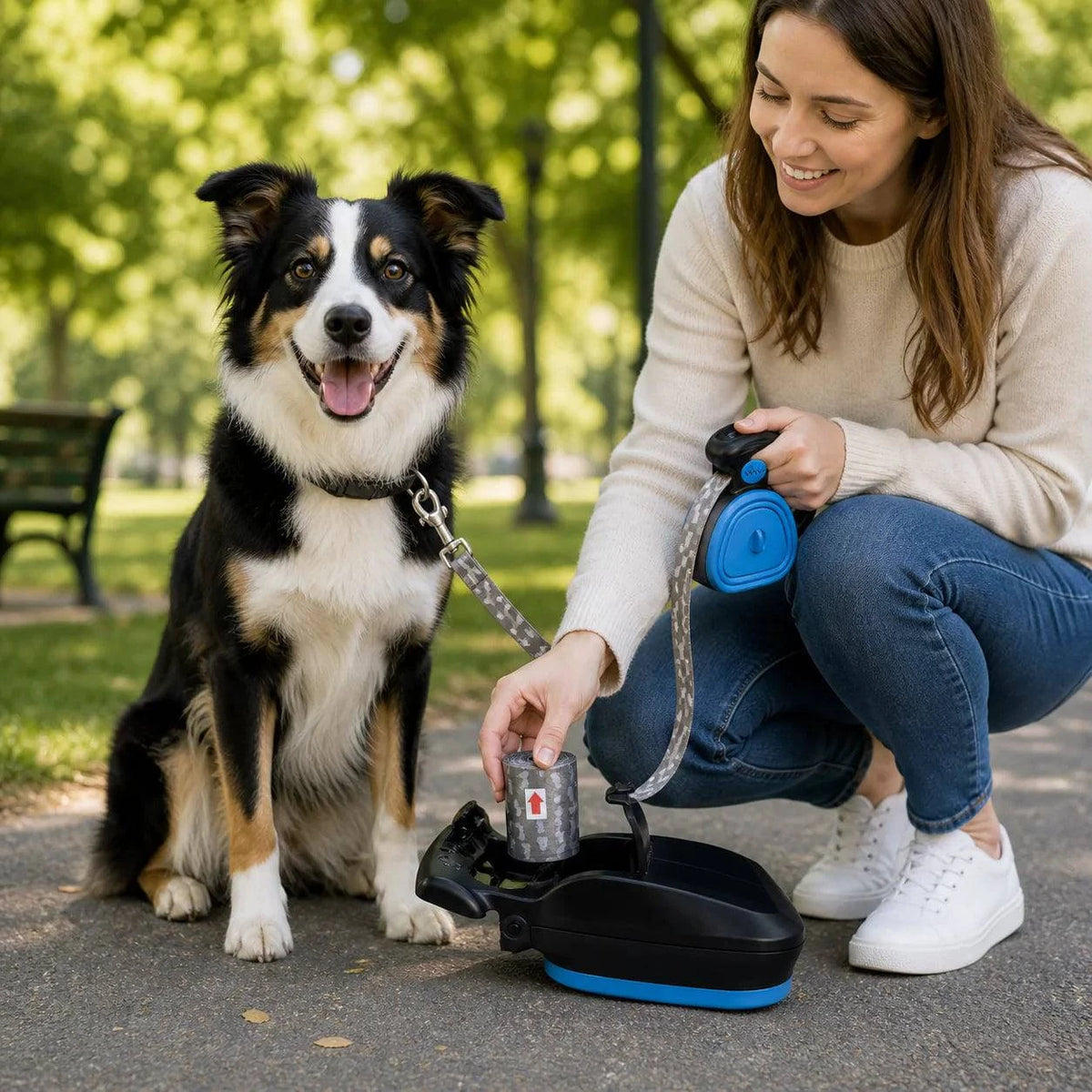 Woman crouching with a border collie while using the black and blue foldable pooper scooper on a path.