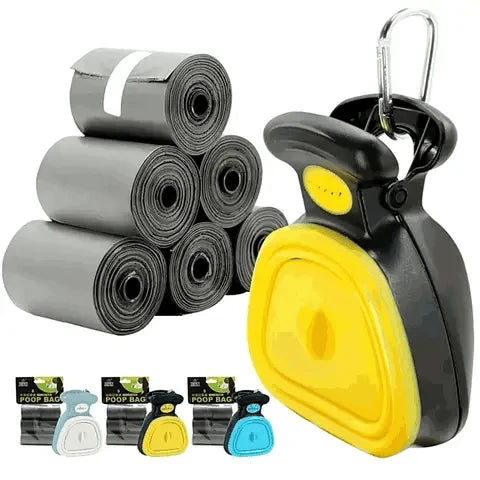 Yellow foldable pooper scooper with six waste bag rolls and gray, yellow and blue color swatches.