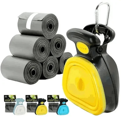 Yellow foldable pooper scooper with six waste bag rolls and gray, yellow and blue color swatches.