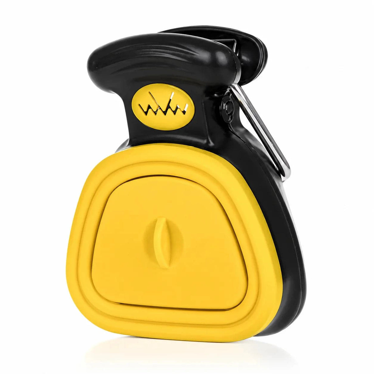 Yellow foldable pooper scooper with a collapsible silicone body and a carabiner clip.