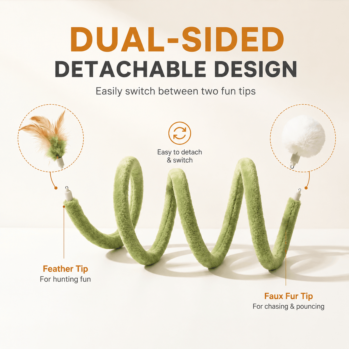 Dual-sided detachable design diagram showing the feather tip for hunting at one end and the faux fur tip for chasing and pouncing at the other