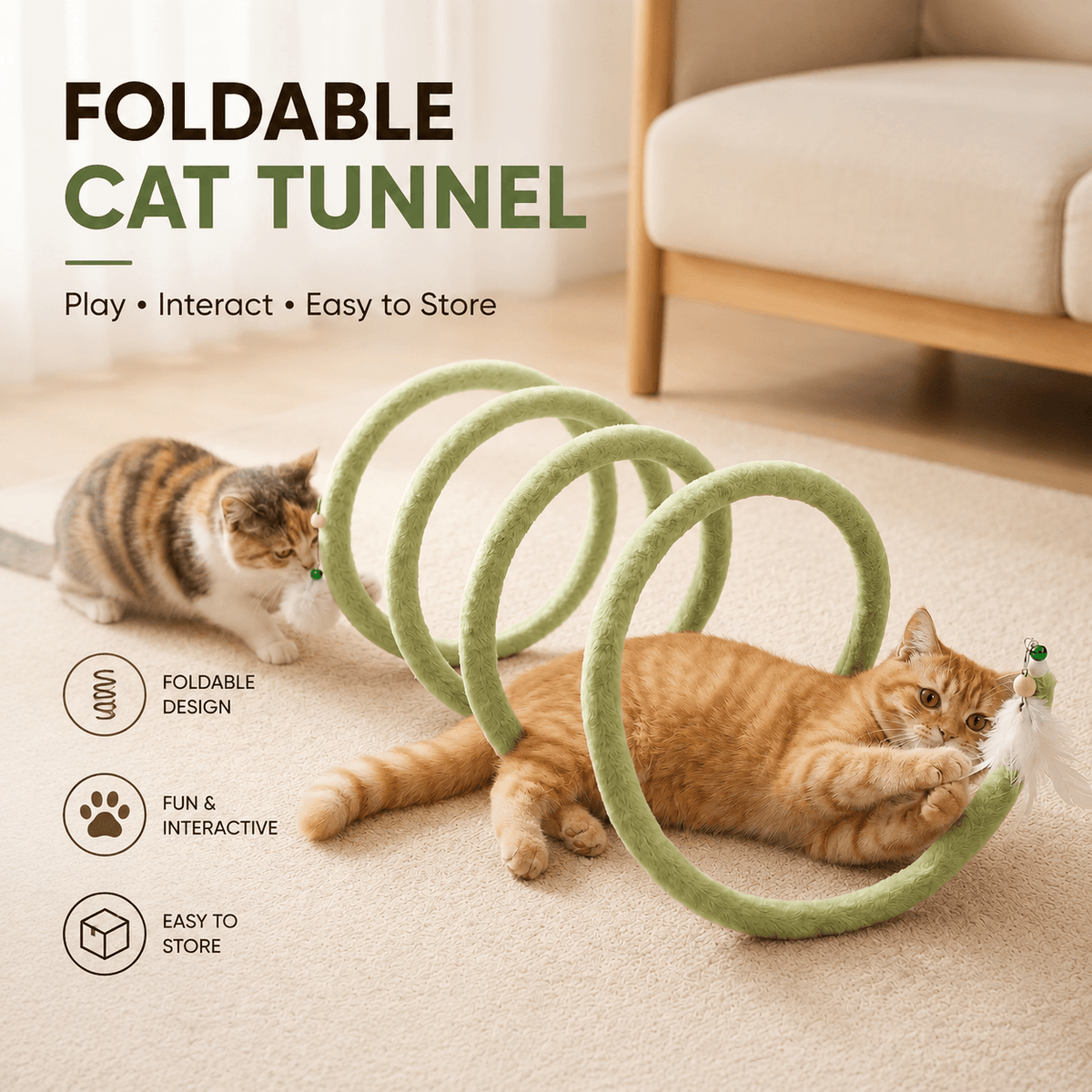 Two cats at opposite ends of the green spring cat tunnel, one sniffing the coil and one lying through it