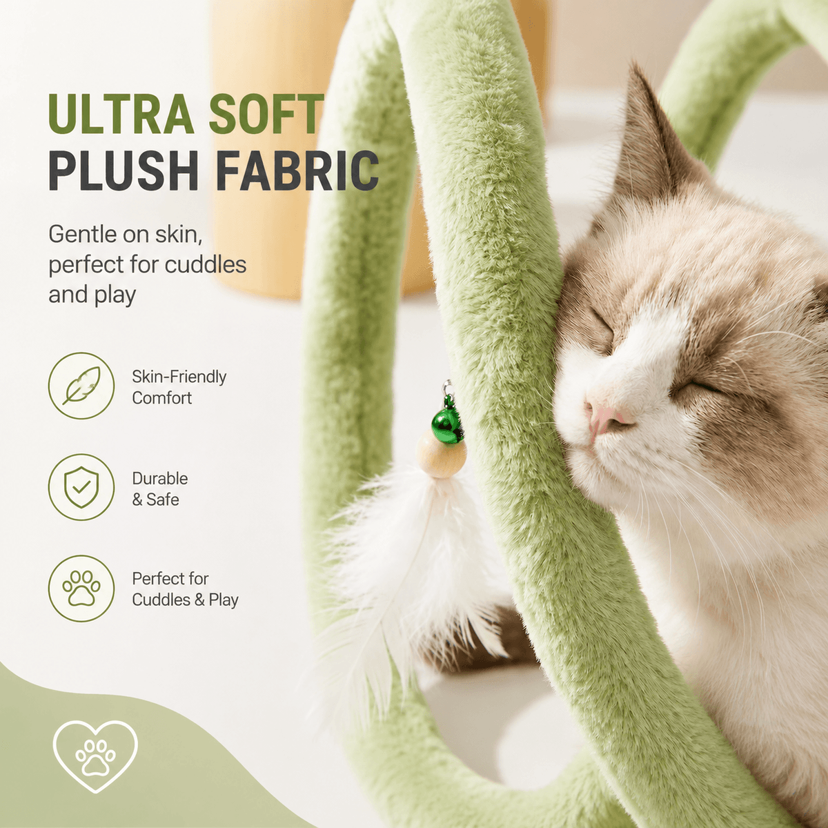 Ragdoll cat nuzzling the green plush coil, with badges for skin-friendly comfort, durable and safe, and perfect for cuddles and play