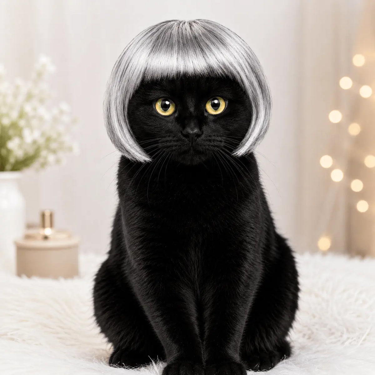 Black cat wearing the silver Noblias funny cat wig, sitting on a white fur rug with warm lights glowing behind.