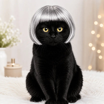 Black cat wearing the silver Noblias funny cat wig, sitting on a white fur rug with warm lights glowing behind.