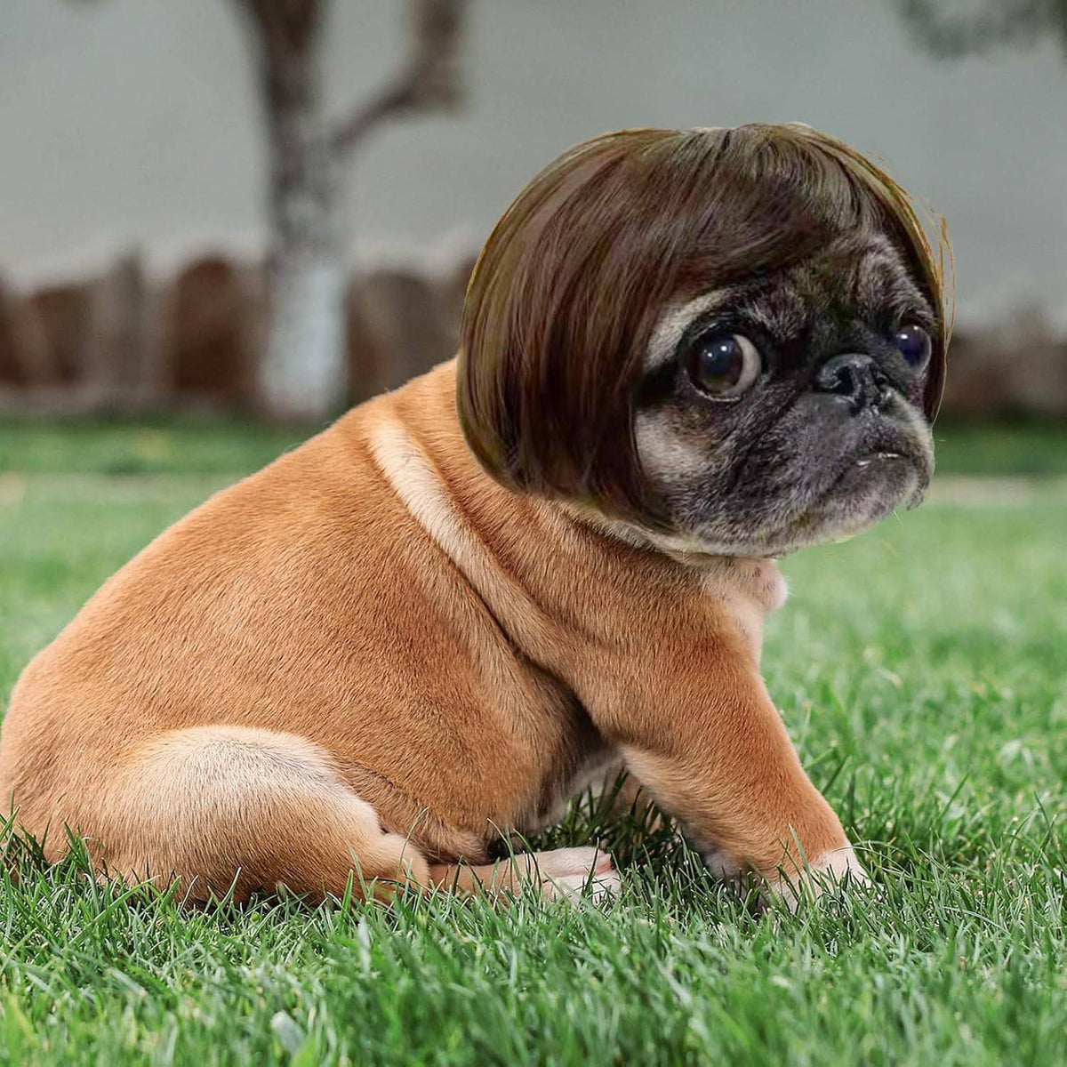 Pug sitting on grass outdoors wearing the brown Noblias funny dog wig.