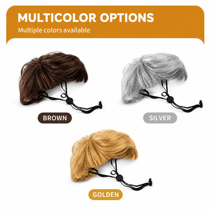 The three colors of the Noblias funny pet wig, brown, silver and golden, each shown with its adjustable elastic chin cord.