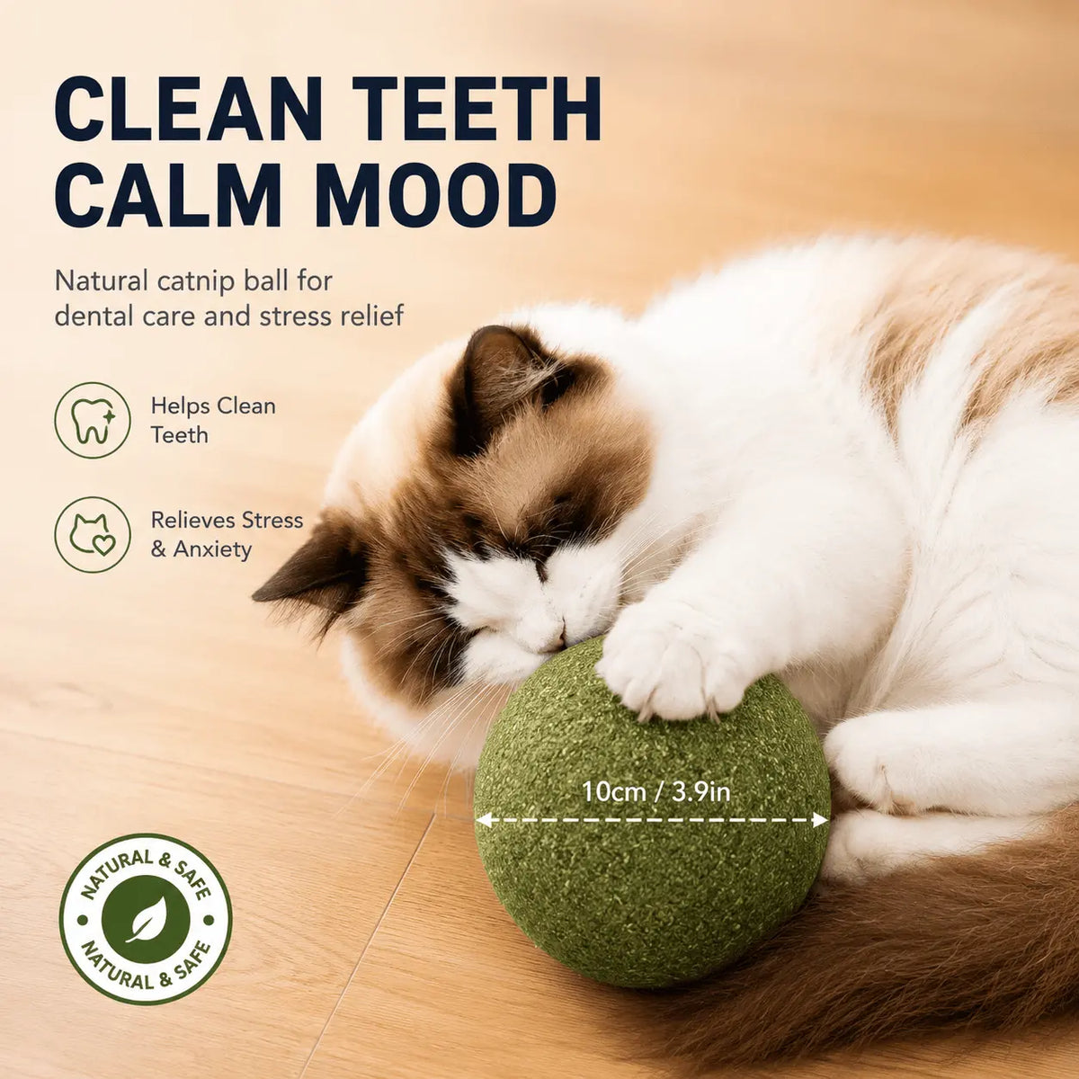 Cat asleep beside the catnip ball under a clean teeth calm mood heading, with the ball measured at 10 cm or 3.9 inches