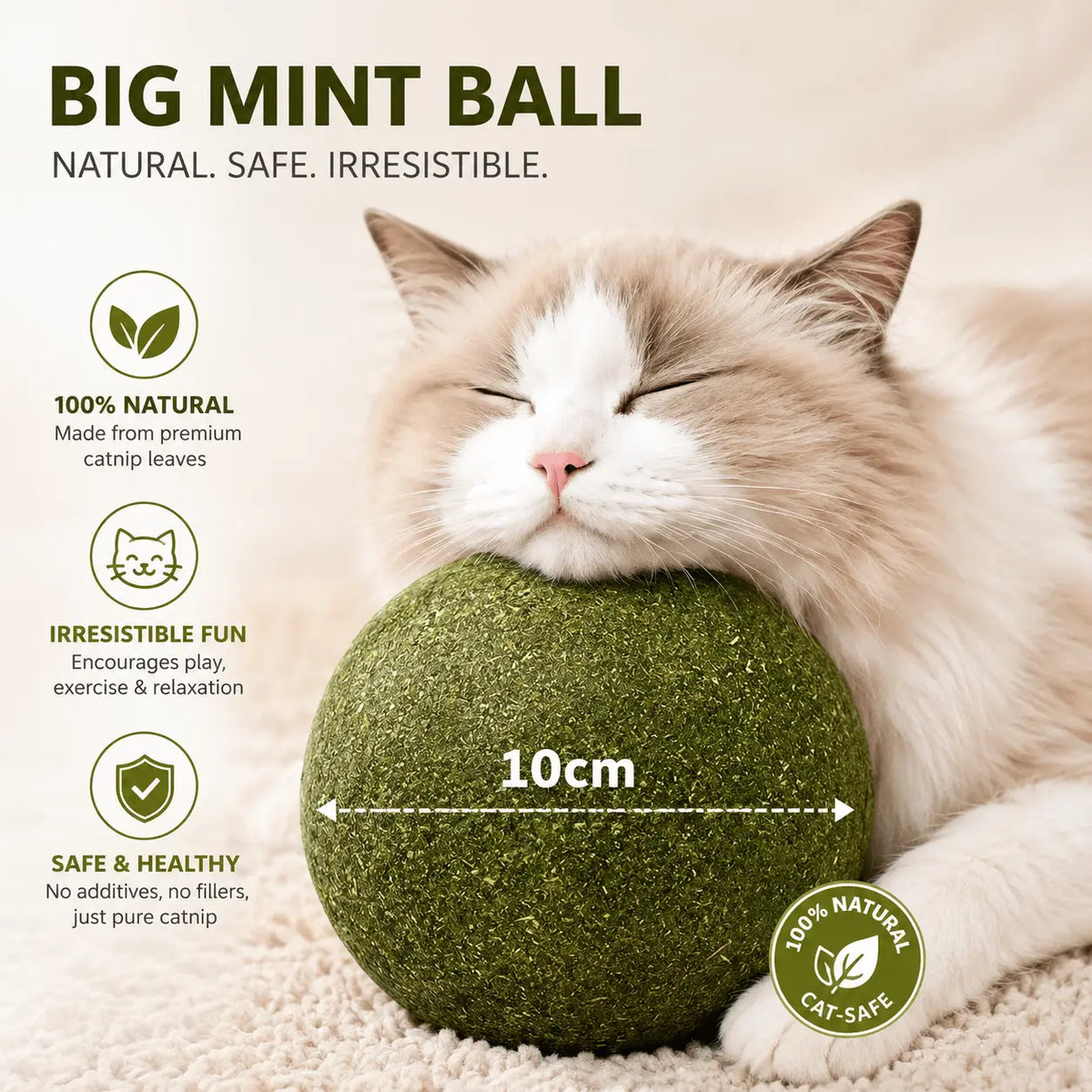 Feature panel headed big mint ball, listing 100 percent natural premium catnip leaves, no additives or fillers, and marking the ball at 10 cm across