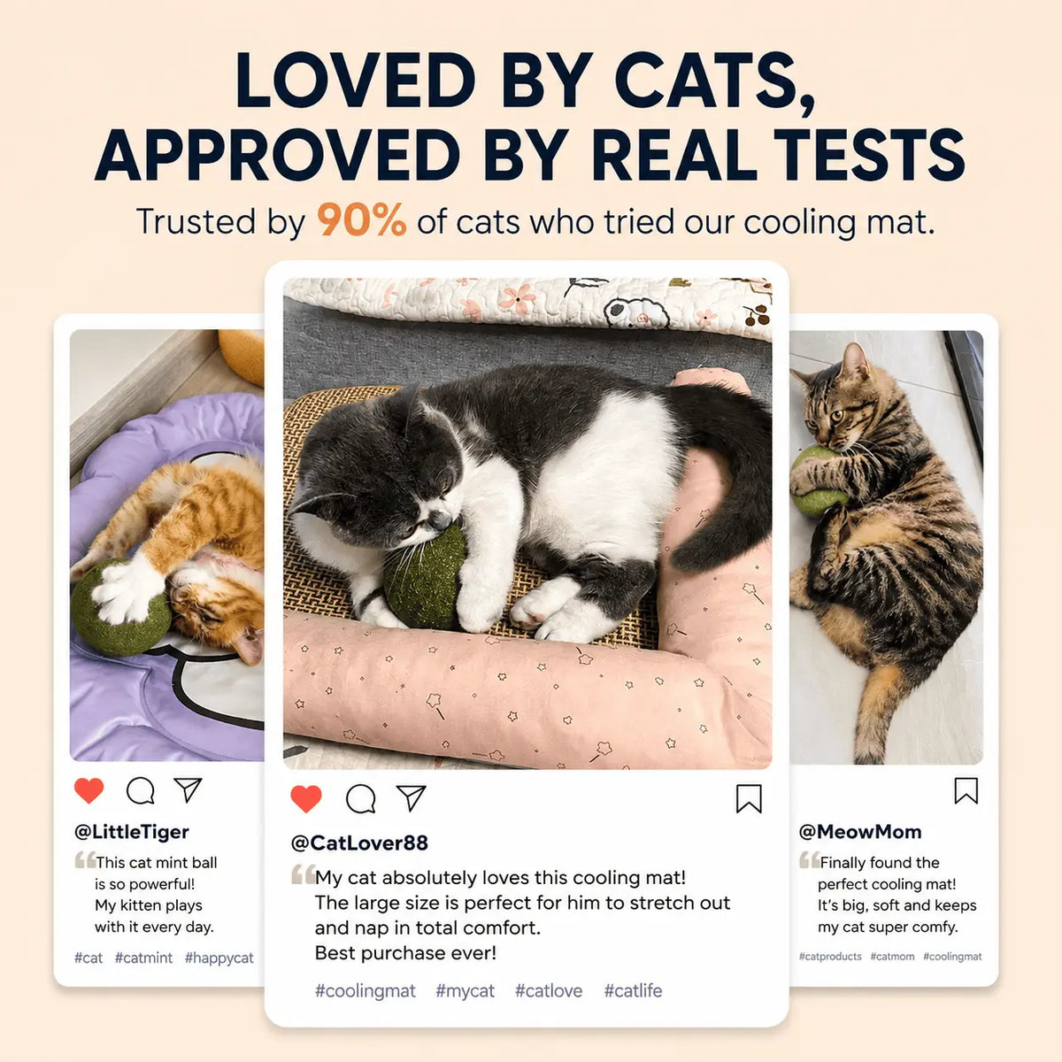 Social proof panel showing styled customer posts and a claim that 90 percent of cats approved, with copy that refers to a cooling mat