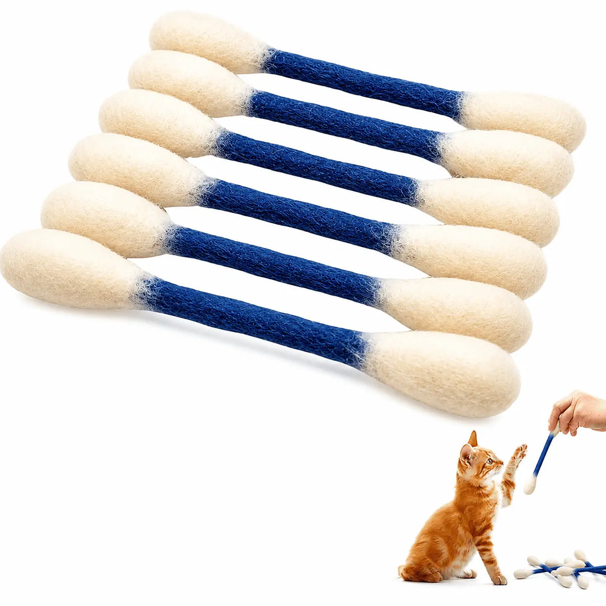 Set of six giant Q tip cat toys with blue handles